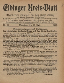 Kreis-Blatt des Königlich Preußischen Landraths-Amtes zu Elbing, Nr. 61 Dienstag 23 Juli 1907