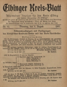Kreis-Blatt des Königlich Preußischen Landraths-Amtes zu Elbing, Nr. 65 Dienstag 6 August 1907