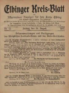 Kreis-Blatt des Königlich Preußischen Landraths-Amtes zu Elbing, Nr. 72 Freitag 30 August 1907