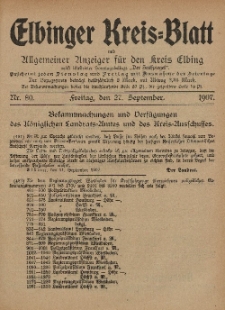 Kreis-Blatt des Königlich Preußischen Landraths-Amtes zu Elbing, Nr. 80 Freitag 27 September 1907