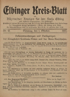 Kreis-Blatt des Königlich Preußischen Landraths-Amtes zu Elbing, Nr. 81 Dienstag 1 Oktober 1907