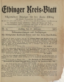 Kreis-Blatt des Königlich Preußischen Landraths-Amtes zu Elbing, Nr. 14 Freitag 17 Februar 1905