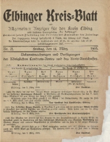 Kreis-Blatt des Königlich Preußischen Landraths-Amtes zu Elbing, Nr. 21 Freitag 14 März 1905
