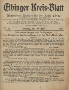 Kreis-Blatt des Königlich Preußischen Landraths-Amtes zu Elbing, Nr. 43 Dienstag 30 Mai 1905