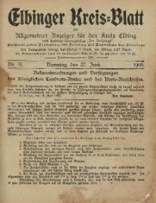 Kreis-Blatt des Königlich Preußischen Landraths-Amtes zu Elbing, Nr. 51 Dienstag 27 Juni 1905