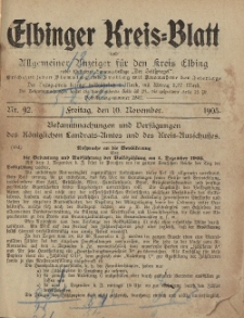 Kreis-Blatt des Königlich Preußischen Landraths-Amtes zu Elbing, Nr. 92 Freitag 10 November 1905