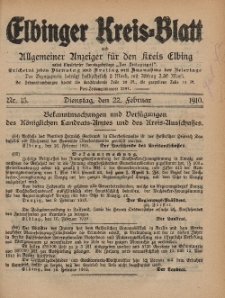 Kreis-Blatt des Königlich Preußischen Landraths-Amtes zu Elbing, Nr. 15 Dienstag 22 Februar 1910