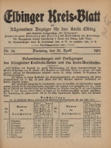 Kreis-Blatt des Königlich Preußischen Landraths-Amtes zu Elbing, Nr. 34 Dienstag 26 April 1910