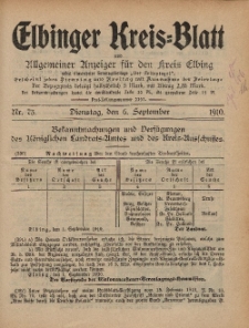 Kreis-Blatt des Königlich Preußischen Landraths-Amtes zu Elbing, Nr. 73 Dienstag 6 September 1910