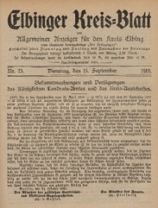 Kreis-Blatt des Königlich Preußischen Landraths-Amtes zu Elbing, Nr. 75 Dienstag 13 September 1910