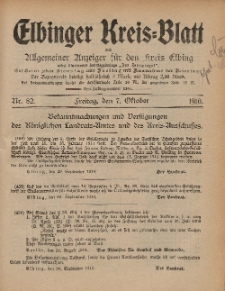Kreis-Blatt des Königlich Preußischen Landraths-Amtes zu Elbing, Nr. 82 Freitag 7 Oktober 1910