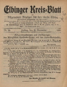 Kreis-Blatt des Königlich Preußischen Landraths-Amtes zu Elbing, Nr. 94 Freitag 18 November 1910