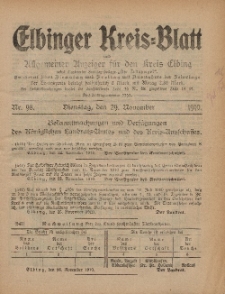 Kreis-Blatt des Königlich Preußischen Landraths-Amtes zu Elbing, Nr. 98 Dienstag 29 November 1910