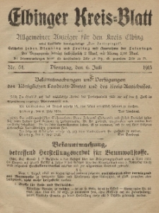 Kreis-Blatt des Königlich Preußischen Landraths-Amtes zu Elbing, Nr. 54 Dienstag 6 Juli 1915