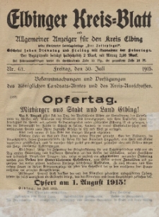Kreis-Blatt des Königlich Preußischen Landraths-Amtes zu Elbing, Nr. 61 Freitag 30 Juli 1915