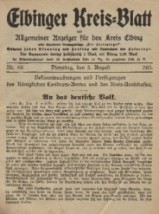 Kreis-Blatt des Königlich Preußischen Landraths-Amtes zu Elbing, Nr. 62 Dienstag 3 August 1915