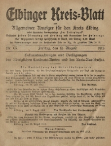 Kreis-Blatt des Königlich Preußischen Landraths-Amtes zu Elbing, Nr. 65 Freitag 13 August 1915