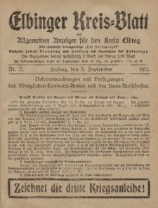 Kreis-Blatt des Königlich Preußischen Landraths-Amtes zu Elbing, Nr. 71 Freitag 3 September 1915