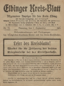 Kreis-Blatt des Königlich Preußischen Landraths-Amtes zu Elbing, Nr. 72 Dienstag 7 September 1915