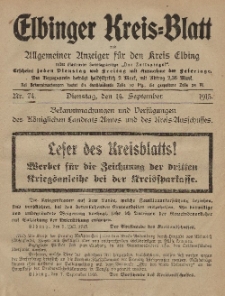 Kreis-Blatt des Königlich Preußischen Landraths-Amtes zu Elbing, Nr. 74 Dienstag 14 September 1915