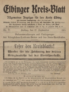 Kreis-Blatt des Königlich Preußischen Landraths-Amtes zu Elbing, Nr. 75 Freitag 17 September 1915