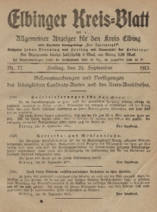Kreis-Blatt des Königlich Preußischen Landraths-Amtes zu Elbing, Nr. 77 Freitag 24 September 1915