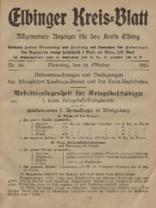 Kreis-Blatt des Königlich Preußischen Landraths-Amtes zu Elbing, Nr. 84 Dienstag 19 Oktober 1915