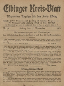 Kreis-Blatt des Königlich Preußischen Landraths-Amtes zu Elbing, Nr. 91 Freitag 12 November 1915