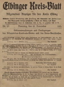 Kreis-Blatt des Königlich Preußischen Landraths-Amtes zu Elbing, Nr. 92 Dienstag 16 November 1915