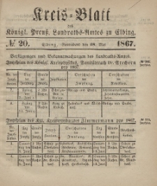 Kreis-Blatt des Königlich Preußischen Landraths-Amtes zu Elbing, Nr. 20 Sonnabend 18 Mai 1867
