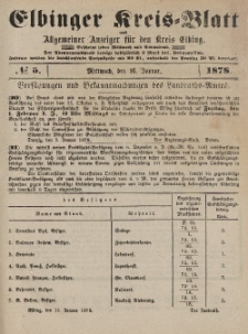 Kreis-Blatt des Königlich Preußischen Landraths-Amtes zu Elbing, Nr. 5 Mittwoch 16 Januar 1878