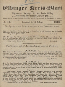 Kreis-Blatt des Königlich Preußischen Landraths-Amtes zu Elbing, Nr. 14 Sonnabend 16 Februar 1878