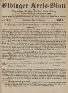 Kreis-Blatt des Königlich Preußischen Landraths-Amtes zu Elbing, Nr. 16 Sonnabend 23 Februar 1878