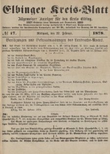 Kreis-Blatt des Königlich Preußischen Landraths-Amtes zu Elbing, Nr. 17 Mittwoch 27 Februar 1878