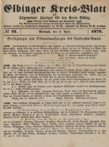 Kreis-Blatt des Königlich Preußischen Landraths-Amtes zu Elbing, Nr. 31 Mittwoch 17 April 1878