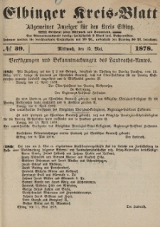 Kreis-Blatt des Königlich Preußischen Landraths-Amtes zu Elbing, Nr. 39 Mittwoch 15 Mai 1878