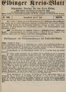 Kreis-Blatt des Königlich Preußischen Landraths-Amtes zu Elbing, Nr. 54 Sonnabend 6 Juli 1878