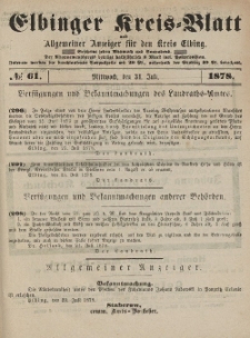 Kreis-Blatt des Königlich Preußischen Landraths-Amtes zu Elbing, Nr. 61 Mittwoch 31 Juli 1878
