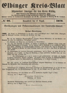 Kreis-Blatt des Königlich Preußischen Landraths-Amtes zu Elbing, Nr. 66 Sonnabend 17 August 1878