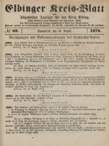 Kreis-Blatt des Königlich Preußischen Landraths-Amtes zu Elbing, Nr. 68 Sonnabend 24 August 1878