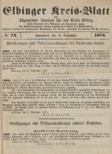 Kreis-Blatt des Königlich Preußischen Landraths-Amtes zu Elbing, Nr. 74 Sonnabend 14 September 1878