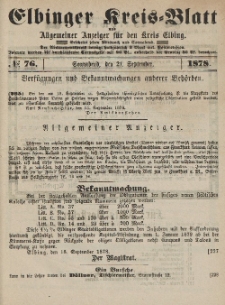 Kreis-Blatt des Königlich Preußischen Landraths-Amtes zu Elbing, Nr. 76 Sonnabend 21 September 1878
