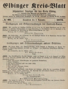 Kreis-Blatt des Königlich Preußischen Landraths-Amtes zu Elbing, Nr. 88 Sonnabend 2 November 1878