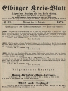 Kreis-Blatt des Königlich Preußischen Landraths-Amtes zu Elbing, Nr. 91 Mittwoch 13 November 1878