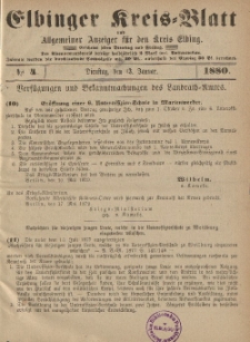 Kreis-Blatt des Königlich Preußischen Landraths-Amtes zu Elbing, Nr. 4 Dienstag 13 Januar 1880