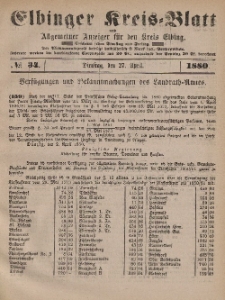 Kreis-Blatt des Königlich Preußischen Landraths-Amtes zu Elbing, Nr. 34 Dienstag 27 April 1880