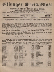 Kreis-Blatt des Königlich Preußischen Landraths-Amtes zu Elbing, Nr. 34 Dienstag 27 April 1880