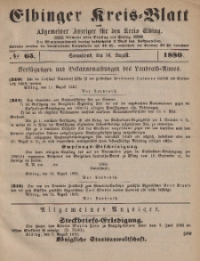 Kreis-Blatt des Königlich Preußischen Landraths-Amtes zu Elbing, Nr. 65 Sonnabend 14 August 1880