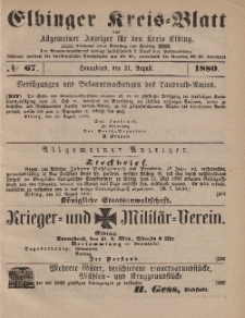 Kreis-Blatt des Königlich Preußischen Landraths-Amtes zu Elbing, Nr. 67 Sonnabend 21 August 1880