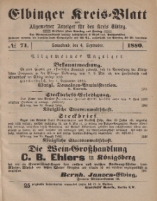 Kreis-Blatt des Königlich Preußischen Landraths-Amtes zu Elbing, Nr. 71 Sonnabend 4 September 1880